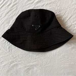 PRADA Cracked Pattern Black Re-Nylon Adjustable Oversized Bucket Hat One Size